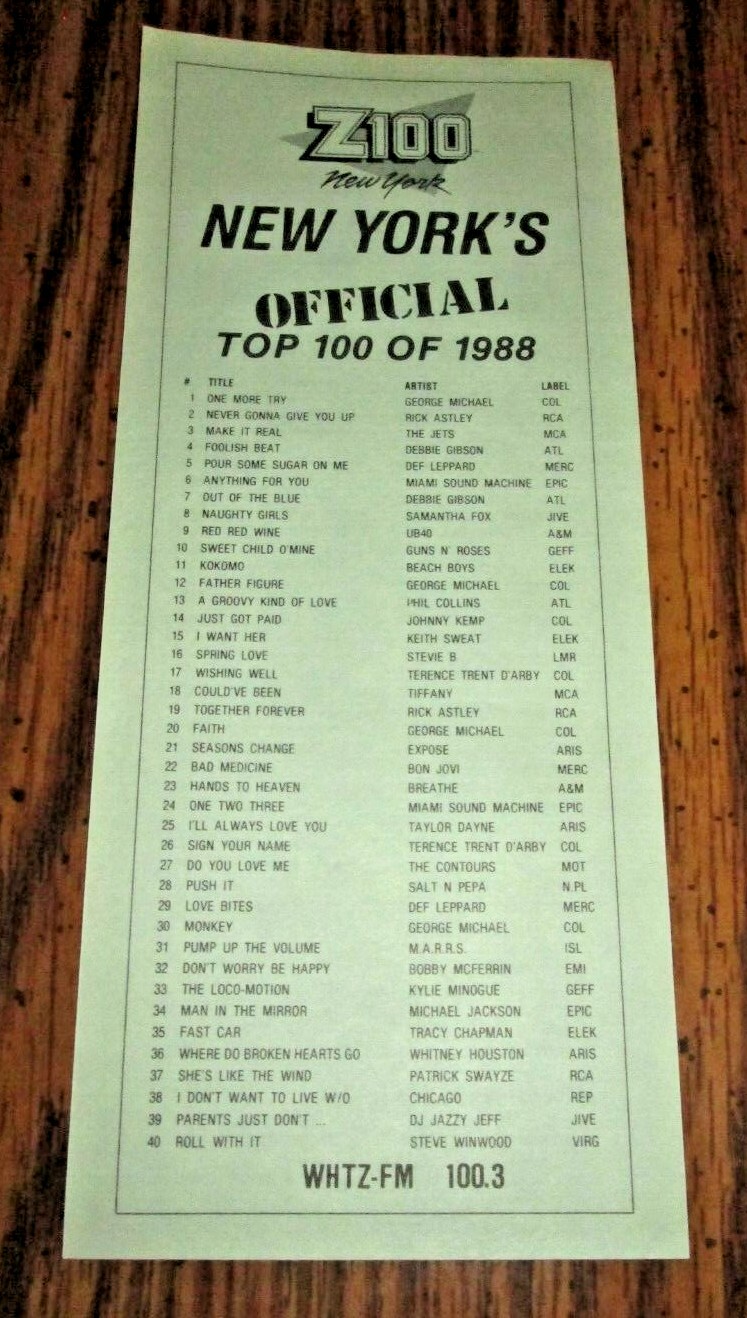 ORIGINAL Z100 NEW YORK OFFICIAL TOP 100 HITS OF 1988 MUSIC RADIO SURVEY