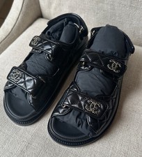 BNIB Authentic CHANEL Black Shiny Lambskin Dad Sandals 24P Size 36.5