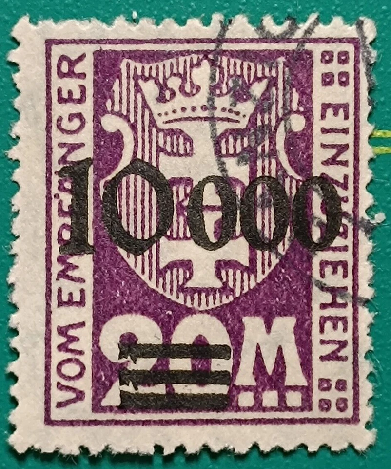Sello de Gdansk 1923, DANZIG - Sc J27, D1 10.000 m sobre violeta profundo de 20 m, usado Foto 3 de 4