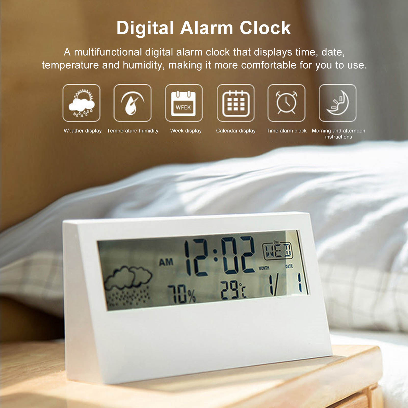 (White Transparent) LCD Alarm Clock Multifunctional Digital Alarm Clock