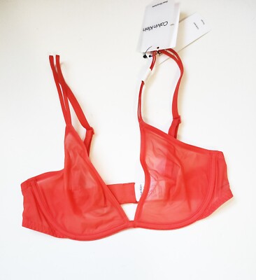 Calvin Klein Sheer Marquisette Unlined Plunge Bra Orange Odyssey QF6727 Sz 34C