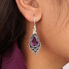 Natural Amethyst Gemstone 925 Sterling Silver Jewelry Handcrafted Earrings 1.9"