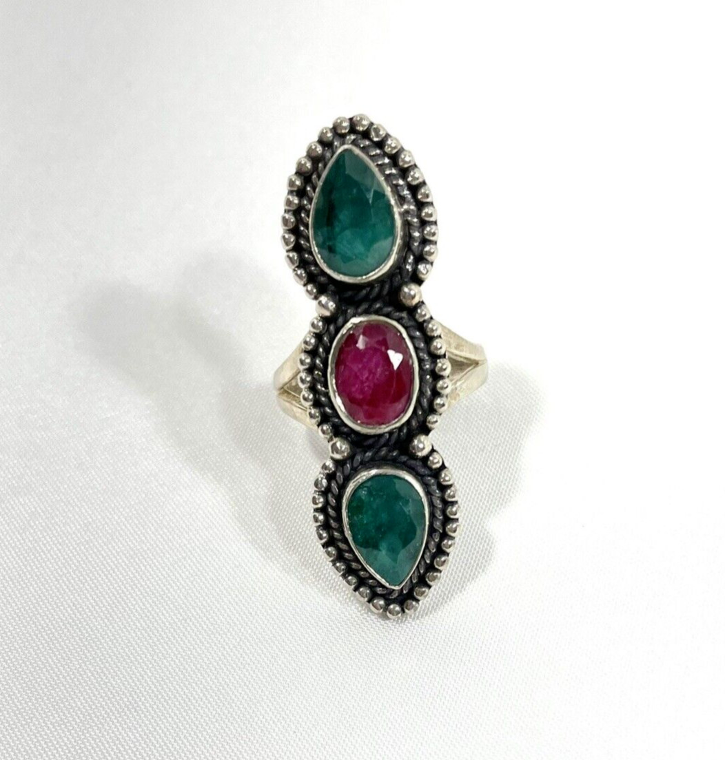 Hydro Emerald and Ruby Gemstone Statement Ring 92… - image 2