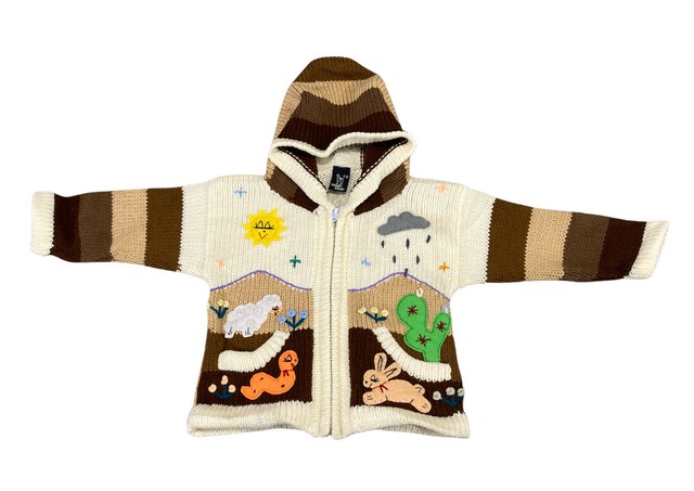 Maglione bambino 12M fatto a mano Ecuador cerniera intera con cappuccio Llama cactus dessert Maglione bambino 12M fatto a mano Ecuador cerniera intera con cappuccio Llama cactus dessert