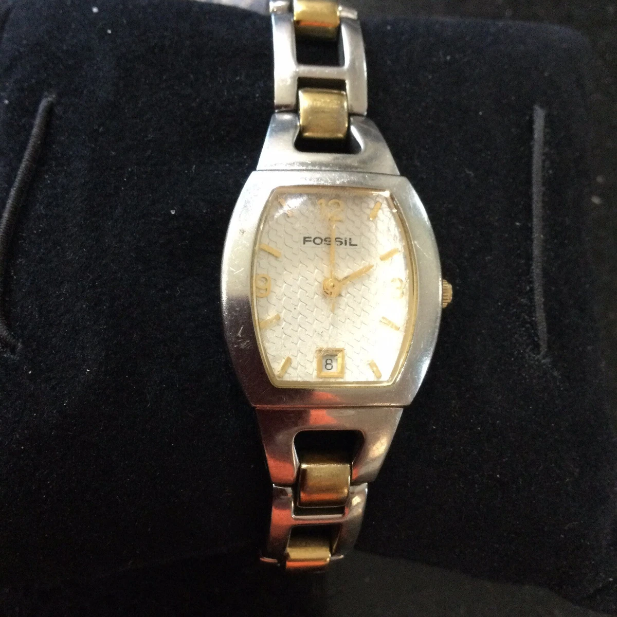 Ladies Fossil Silver Gold Tone Link Band Bracelet Analog Watch ES