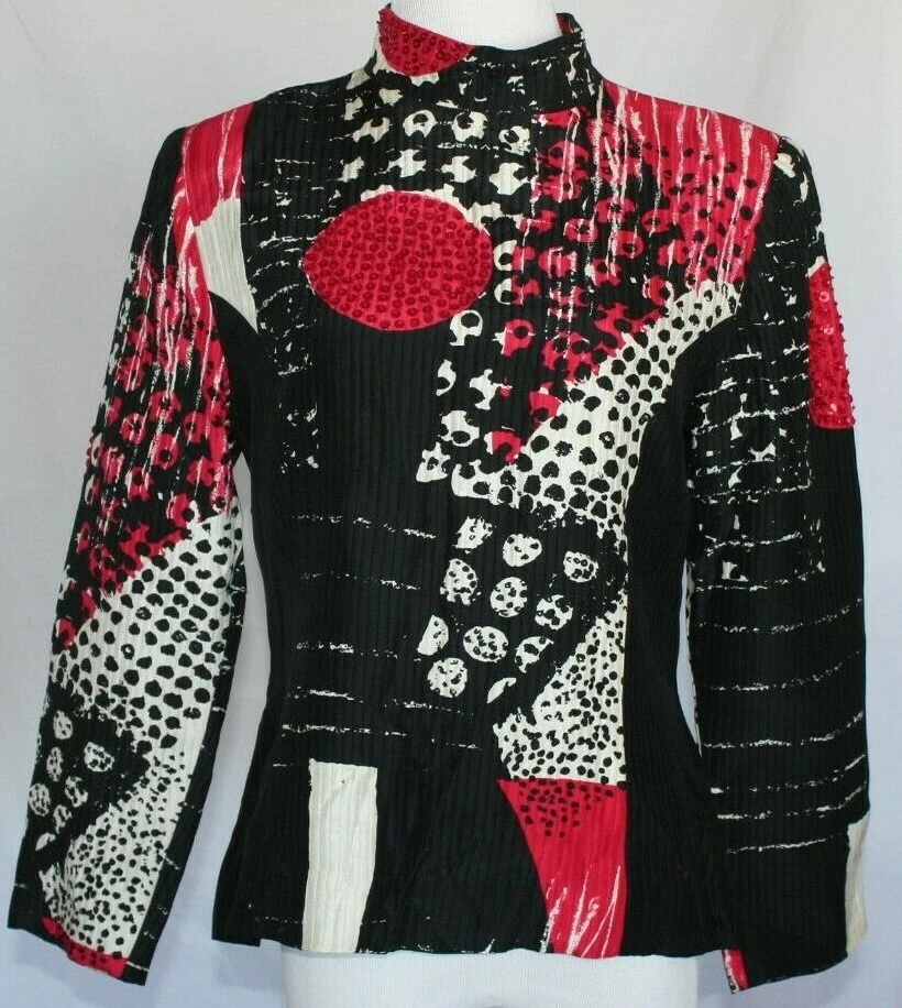 Blusa Camisa Top De Colección Lee Icinoo Seda Talla 8 Roja Negra Arte Geométrico Para Usar Foto 2 de 3