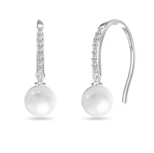 Solid 925 Sterling Silver Cubic Zirconia Shell Pearl Dangle Earrings For Women