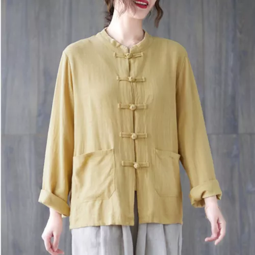 Women Chinese Cotton Coat Jacket Tops Tang Suit Cardigan Retro Ethnic Outwear - Picture 26 of 26