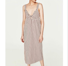 Zara Trafaluc Red White Knit Striped Tie Front Keyhole Midi Dress Size Large