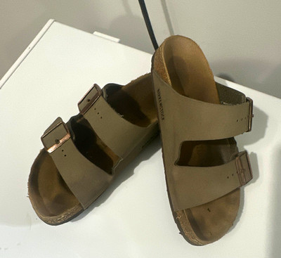 Birkenstock Taupe Suede Two-Strap Buckle Slide Sandals Unisex Adults US 7