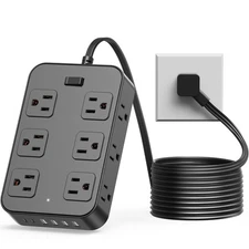 Flat Plug Power Strip Surge Protector 5 Ft Extension Cord with 12 AC Outlets ...