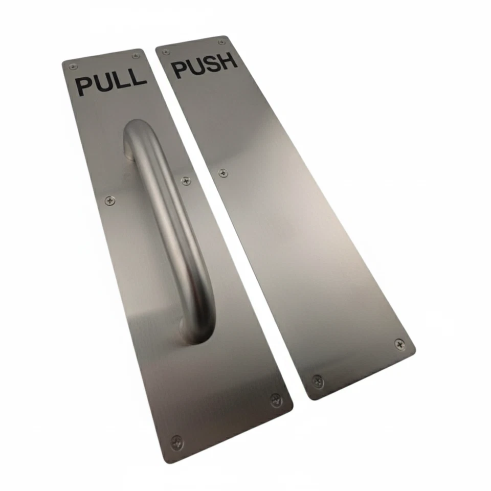 Heavy Duty Stainless Steel Pull Handle, Push Plate & Screws for Work Office Door - Image 4 of 4