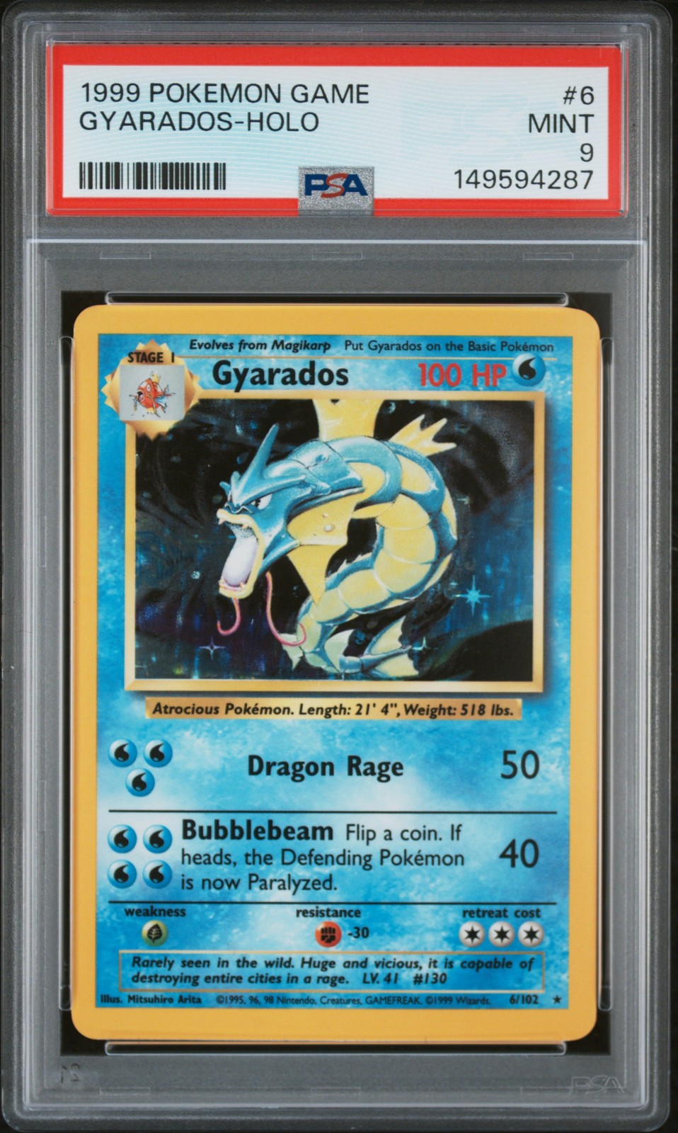 1999 POKEMON BASE SET UNLIMITED #6 GYARADOS-HOLO PSA 9