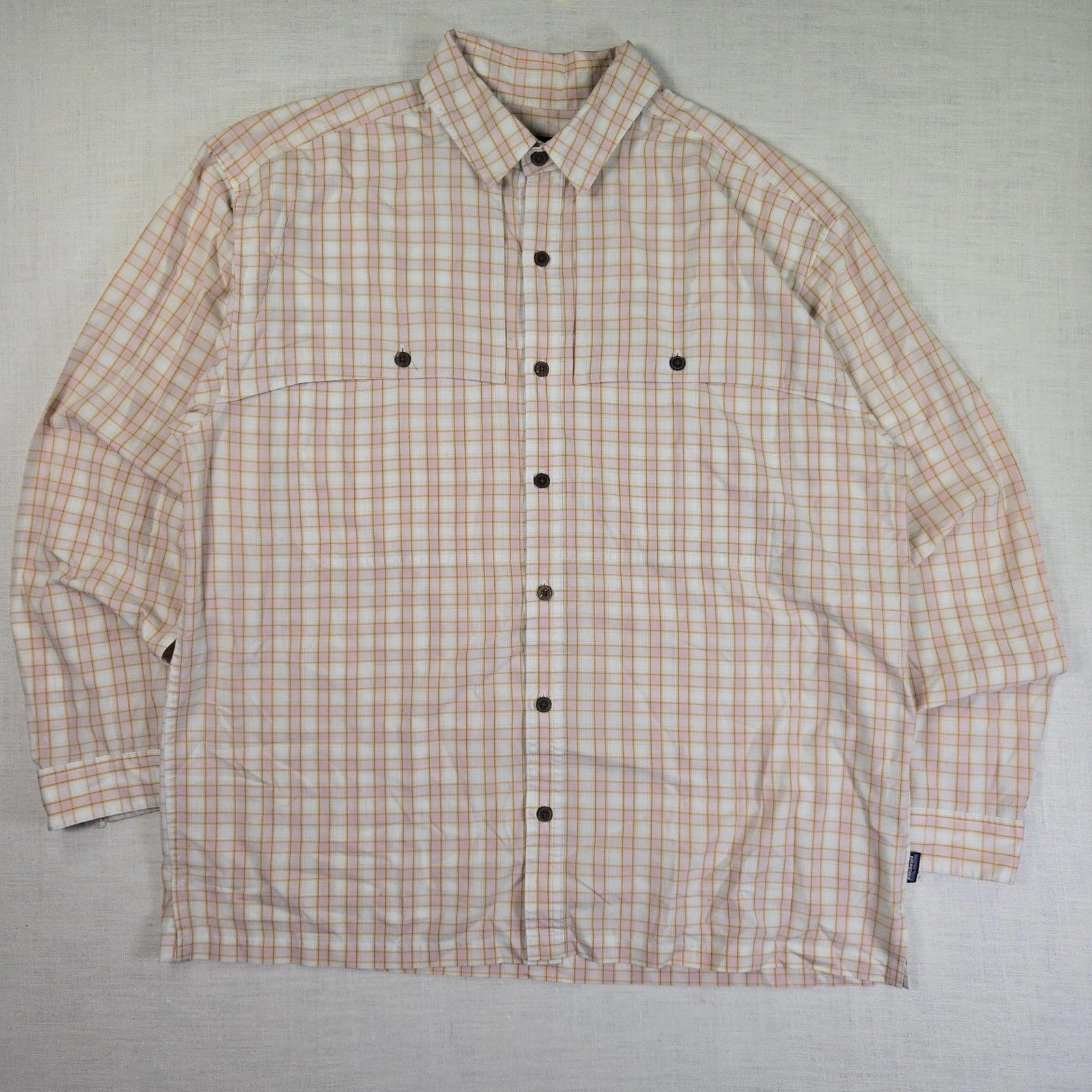 Patagonia Guide Outdoor Shirt Hiking Plaid Men L Shirt Pink Orange Long Sleeve