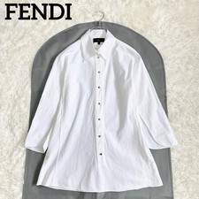 USED FENDI SHIRT BLOUSE, FIVE-QUARTER SLEEVE, WHITE, SIZE 42, CUBE LOGO BUTTON