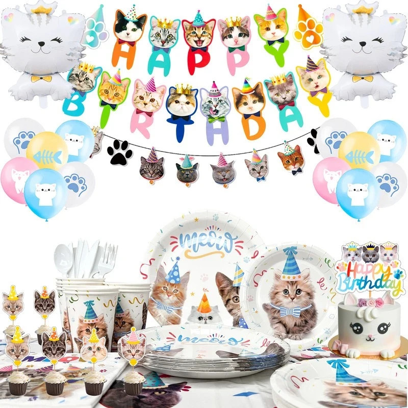 Cat Meow Birthday Party Decoration Pet Party Supplies Balloon Plates Tableware