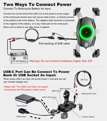 Motorcycle Phone Mount with Qi 15W Wireless Charger & USB C 20W Fast Charging... - Picture 2 of 7