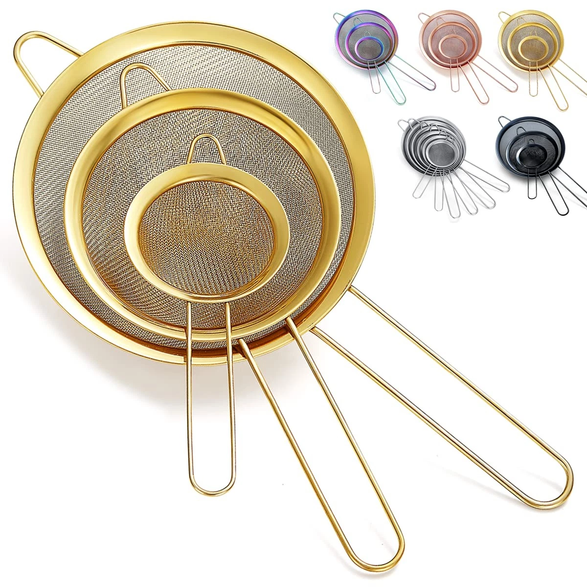 Gold Fine Mesh Strainer 3 Pieces Set, Golden Flour Sifter For Baking, Stainle...