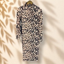 Boohoo Dress Women 4 Beige Animal Print Shift Midi Long Sleeve High Neck Casual