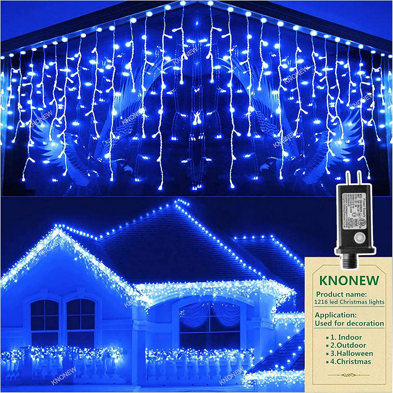 99Ft 1216 LED Blue Curtain Fairy Lights - 8 Modes for Holiday Decor