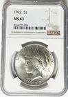1922 $1 Peace Silver One Dollar US NGC MS63 Philadelphia