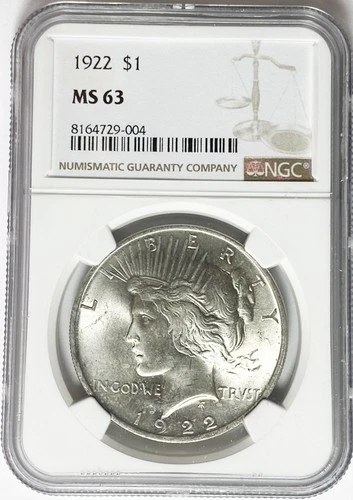 1922 $1 Peace Silver One Dollar US NGC MS63 Philadelphia