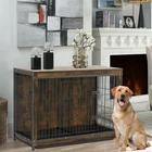 Super Large Retro Wooden Dog Crate Thick Wire Pet Cage Kennel Double Door w Tray