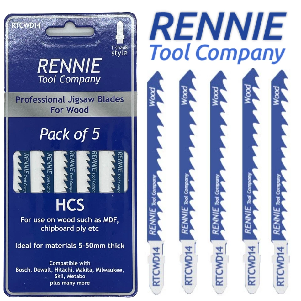 RENNIE TOOL COMPANY Pack of 5 T144D Type T Shank HCS Jigsaw Blades For Wood Fits Bosch Dewalt Makita