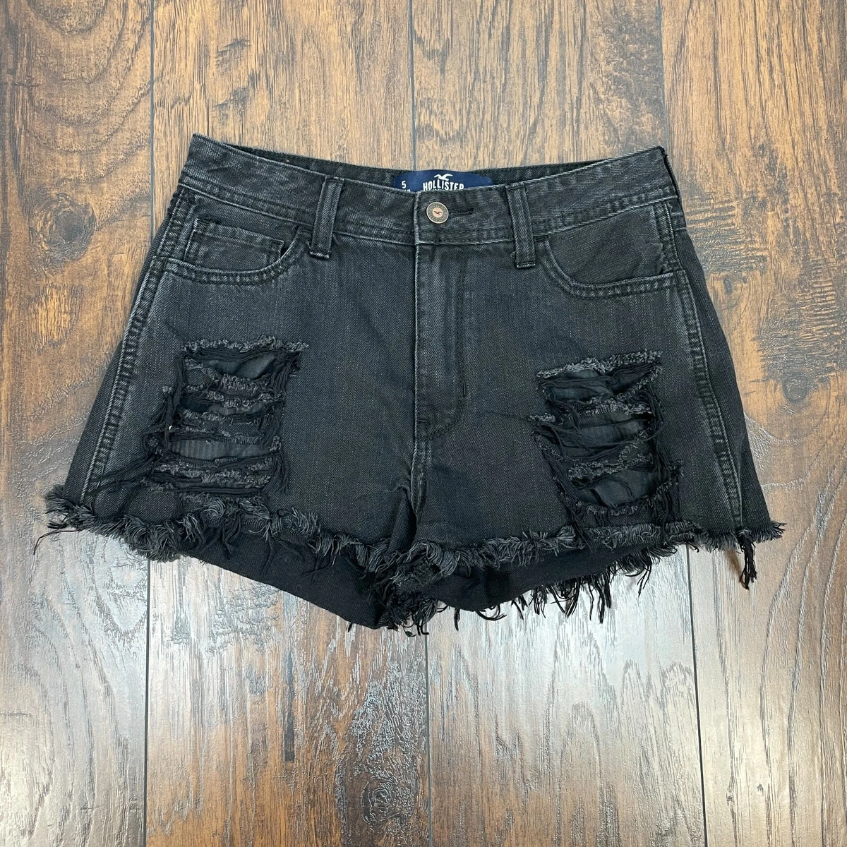 Hollister Juniors 5 Denim Shorts High-Rise Boyfriend Shorts Black Ripped  Raw Hem