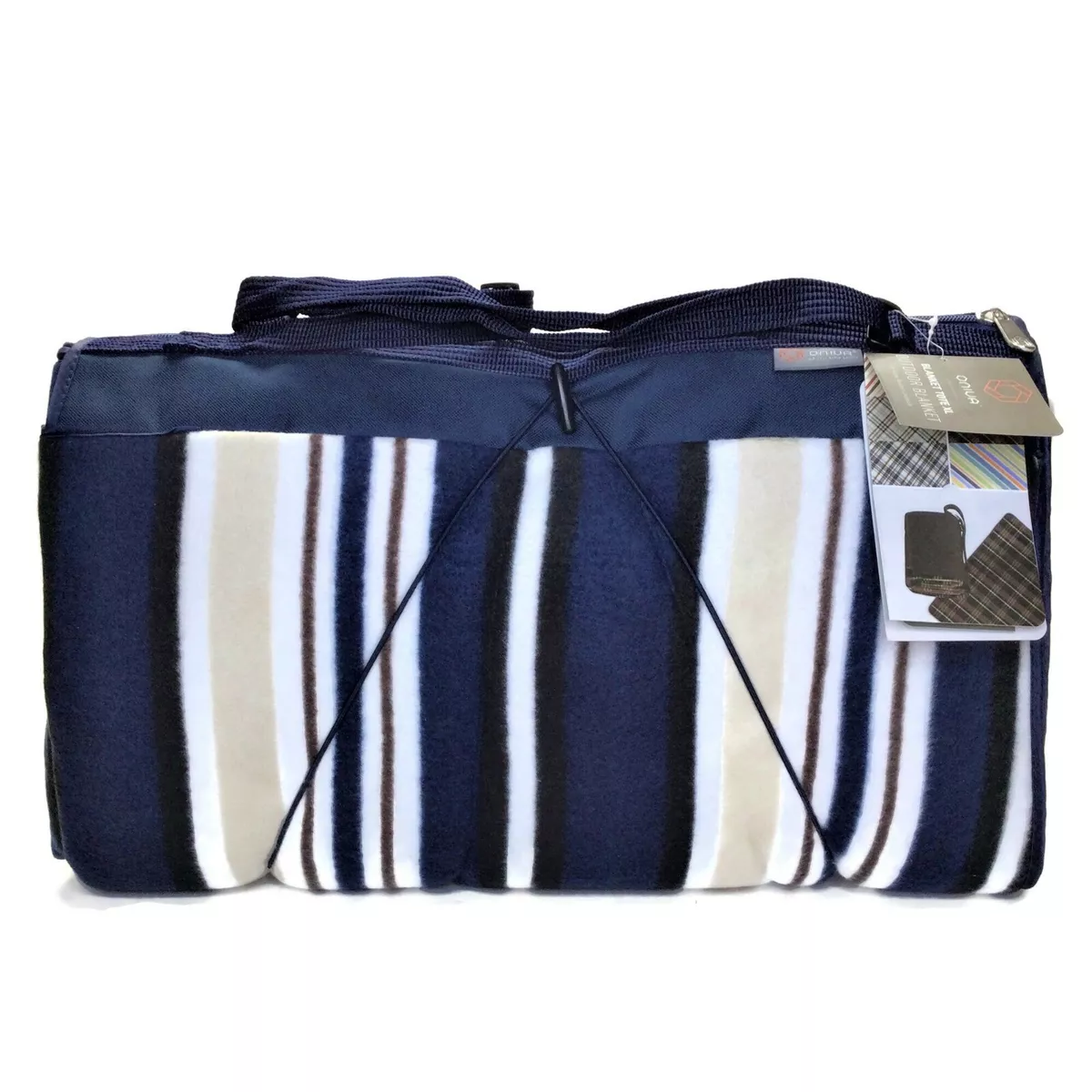 Picnic Time Oniva Brand Outdoor Picnic Blanket Tote XL Blue Stripe NEW