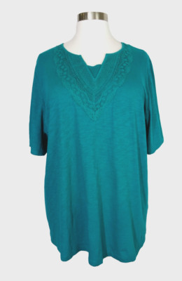 CATHERINES TEAL W/ CROCHET LACE NECK SHORT SLEEVE COTTON TOP Sz 4X 30/32W