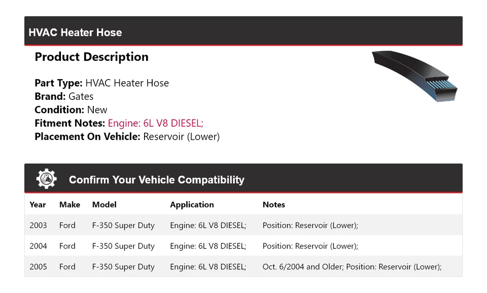 Para Ford F-350 Super Duty 2003-2005 calefacción manguera depósito (inferior) puertas Foto 2 de 4