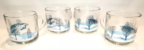 Anchor Hocking Blue White Holiday Winter Tree Mugs Set of 4  USA