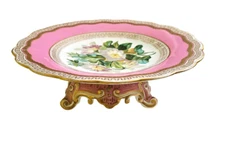 19th c Antique Old Paris Gilt Porcelain Tazza / Compote w/ Flowers