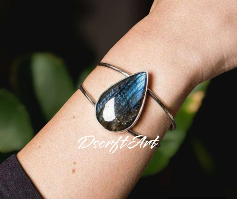 Labradorite Pear Shape Gemstone Cuff Bangle, 925 Silver Adjustable Bracelet - Image 4 of 4