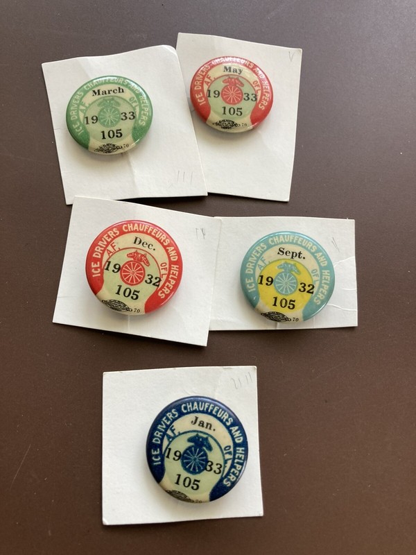 ICE DRIVERS CHAUFFURS AND HELPERS UNION PINS 1932-33. 5 PINS
