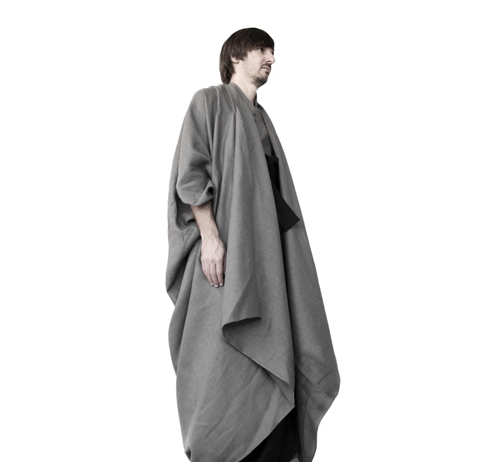 Hombres Avant Garde Lino Kimono Chaqueta Lino Poncho Capa Hombres Abrigo Boho Cárdigan Foto 4 de 4