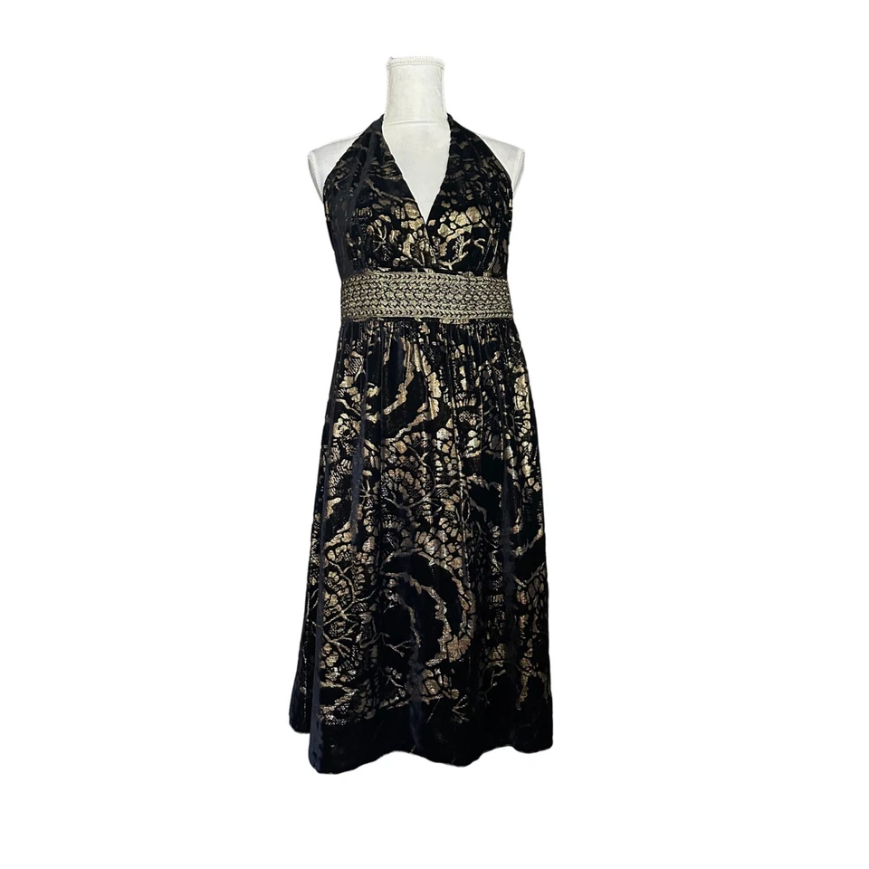 Vestido Cynthia Steffe Negro y Dorado Terciopelo Burnout Cuello Halter Talla 14 Cóctel Foto 4 de 4
