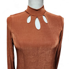 Ladies Womens Rust Long Sleeve Textured Key Hole Mock Neck Back Maxi Dress