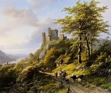 Oil painting johann bernard klombeck - figures near a ruin in a landscape canvas