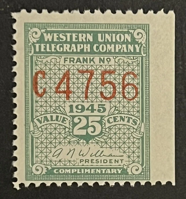 Travelstamps: 1945 US Stamps Scott #16T113 WESTERN UNION 25c TELEGRAPH MNH OG - Image 2 of 4