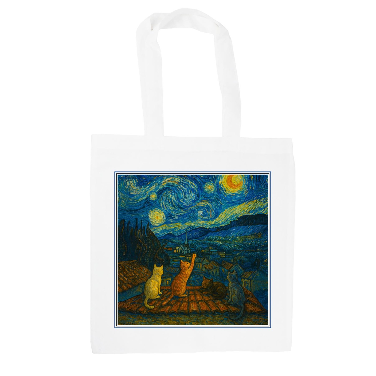 Van Gogh Cat Tote Bag - Starry Night Reusable Shopping Bag Gifts for Cat Lovers