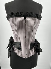 Pink Black Pinstripe Corset Bustier Lace-Up Bows Front Busk Gothic Large