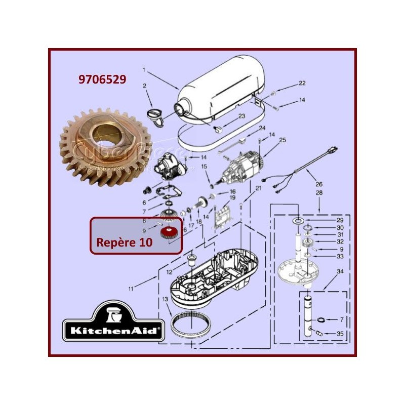 Entraineur de l'Arbre Principal Kitchenaid 9706529 pour Remplacement de Pignon Usé