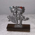 Pewter Peltro Italy Boy Girl Red Hat Blue Flower Wooden Base 3.75"H — photo 1