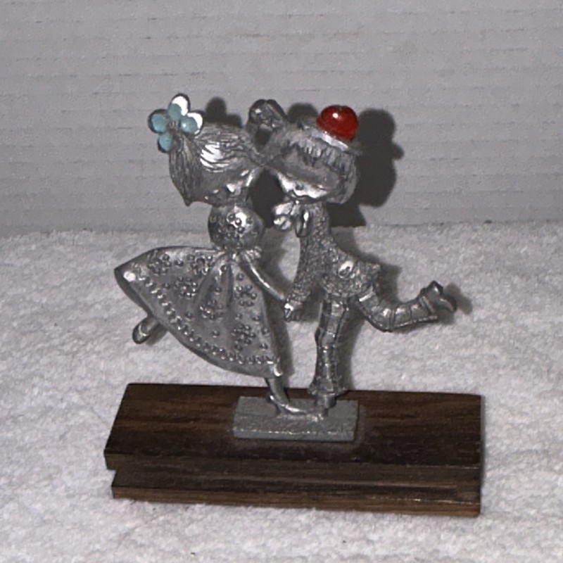 Pewter Peltro Italy Boy Girl Red Hat Blue Flower Wooden Base 3.75"H