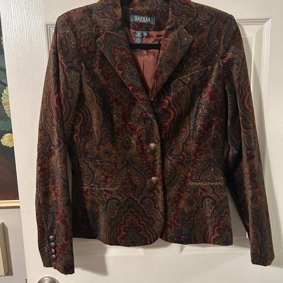 Chaqueta Blazer Vintage Ralph Lauren Estampado Cachemira Terciopelo Damasco P/M Acogedora Cabina Foto 3 de 4