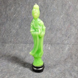 Jade Green Candle Asian Statue Figurine 2"×10.5" On Wooden Base