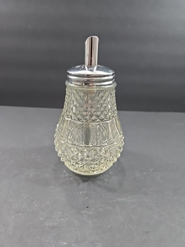 Vtg Diamond Point Cut Glass Sugar Dispenser Clear Chrome Lid Spout Retro Diner - Picture 3 of 10