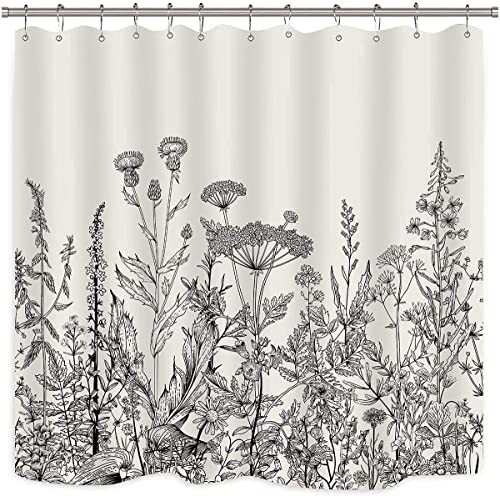 Black and White Vintage Floral Shower Curtain 72 x 72 Inch, Waterproof Fabric